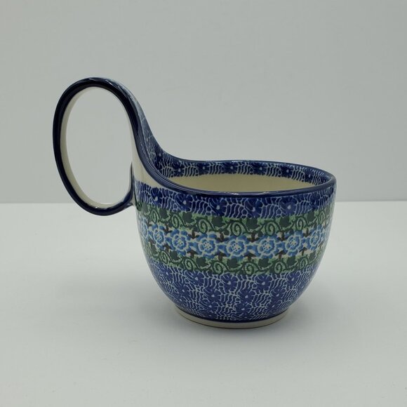 Polish Pottery Loop Handle Bowl Blue Flowers Green Ivy Handled Soup Chili Mug - Picture 2 of 8